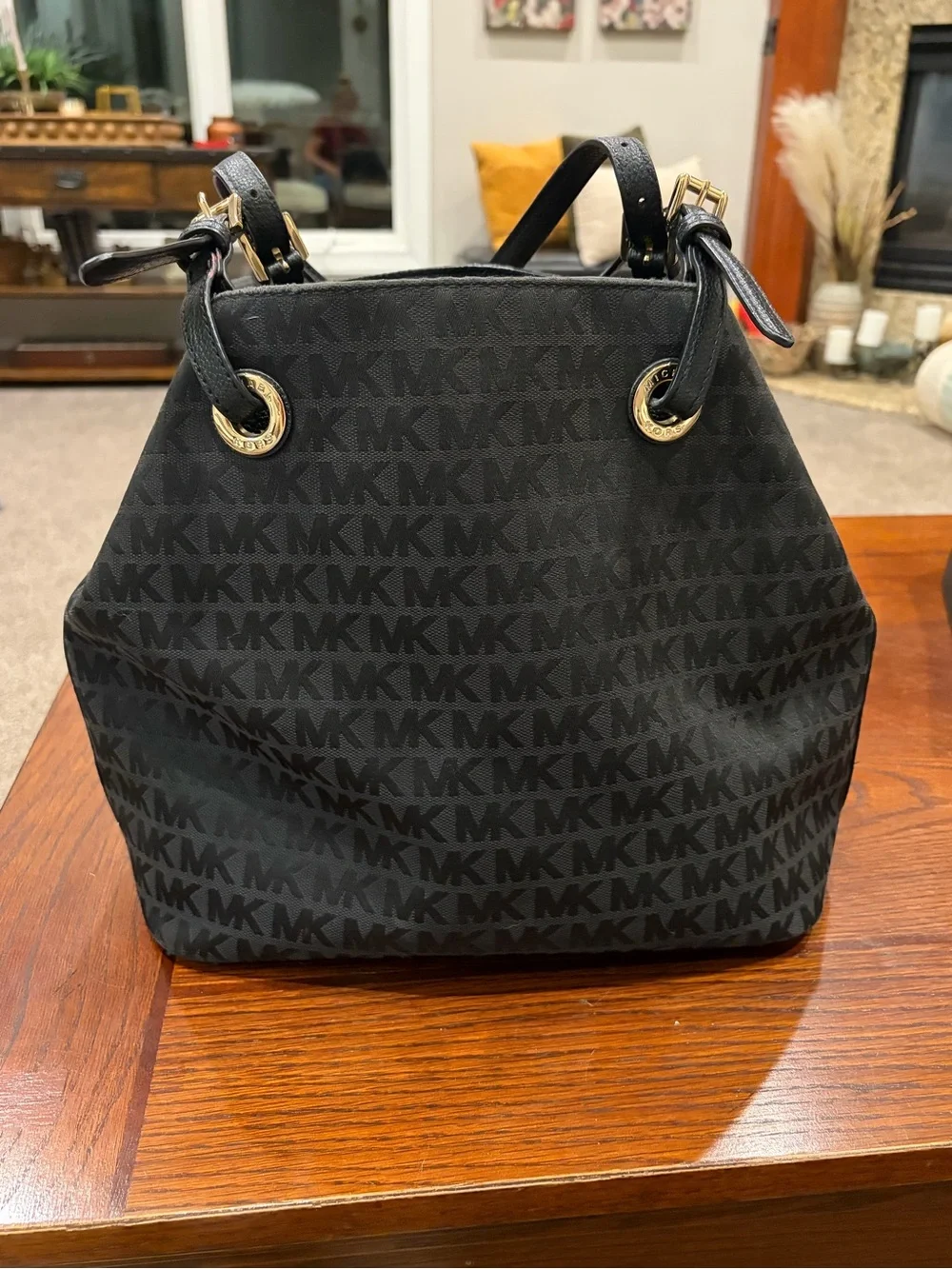 Like New!!Michael Kors Black MK Logo Snap-close-strap Purse with Gold Hardware